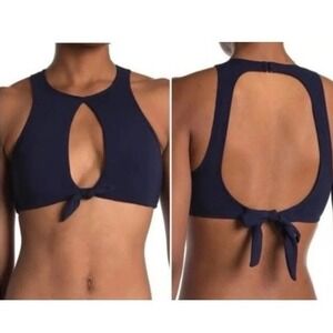 NWT Robin Piccone Ava XS Navy Blue Front Knot Keyhole Bikini Swim Top Tie Back